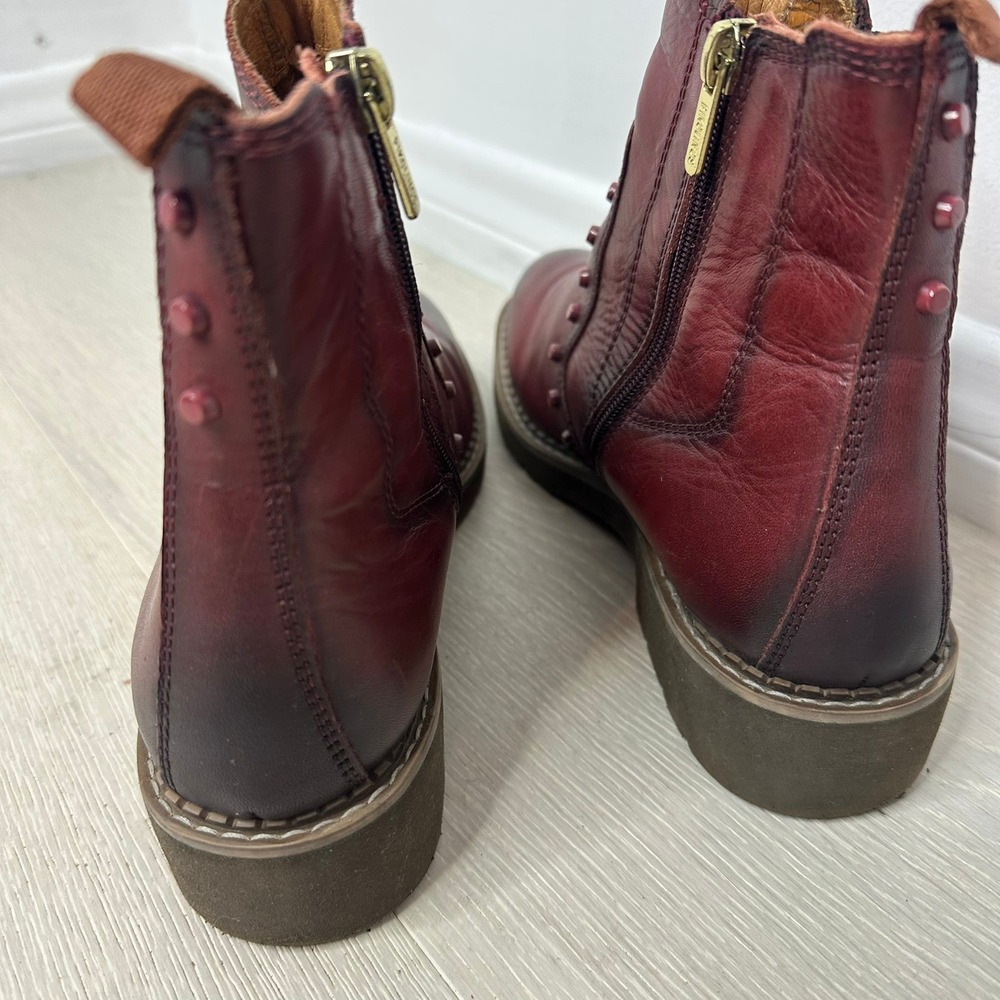Pikolinos Chelsea Ankle Boots Womens 39 Burgundy Studded Leather Zip Lug Sole - Picture 6 of 10